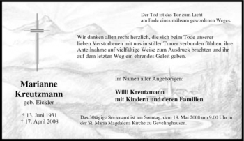 Traueranzeige von Marianne Kreutzmann von Tageszeitung