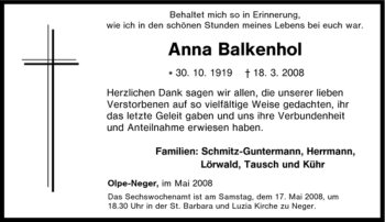 Traueranzeige von Anna Balkenhol von Tageszeitung