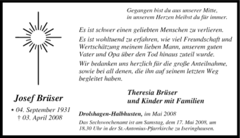 Traueranzeige von Josef Brüser von Tageszeitung