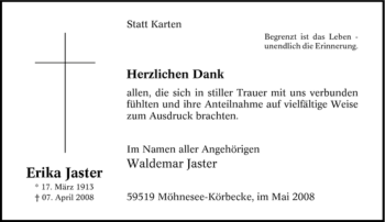 Traueranzeige von Erika Jaster von Tageszeitung
