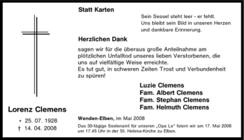 Traueranzeige von Lorenz Clemens von Tageszeitung