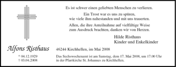 Traueranzeige von Alfons Risthaus von Tageszeitung