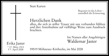 Traueranzeige von Erika Jaster von Tageszeitung