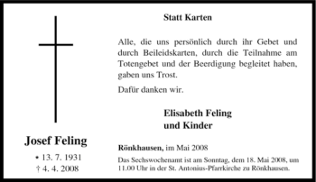 Traueranzeige von Josef Feling von Tageszeitung