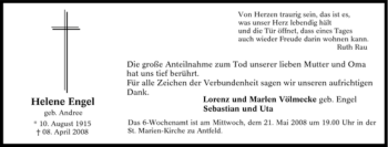 Traueranzeige von Helene Engel von Tageszeitung