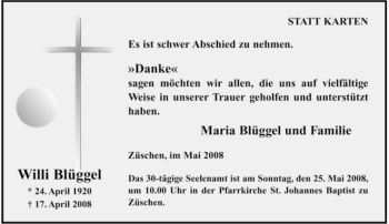 Traueranzeige von Willi Blüggel von Tageszeitung