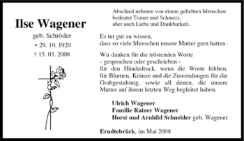 Traueranzeige von Ilse Wagener von Tageszeitung
