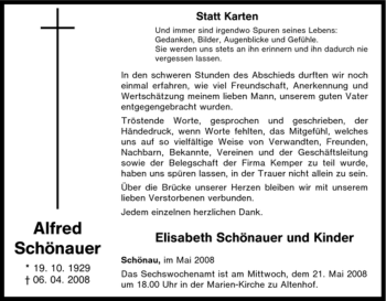 Traueranzeige von Alfred Schönauer von Tageszeitung