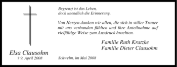 Traueranzeige von Elsa Clausohm von Tageszeitung