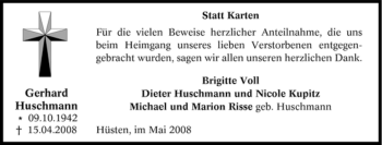Traueranzeige von Gerhard Huschmann von Tageszeitung