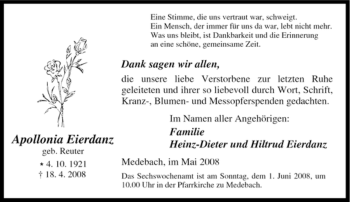 Traueranzeige von Apollonia Eierdanz von Tageszeitung