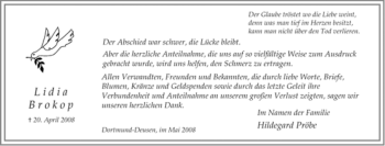 Traueranzeige von Lidia Brokop von Tageszeitung