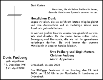 Traueranzeige von Doris Padberg von Tageszeitung