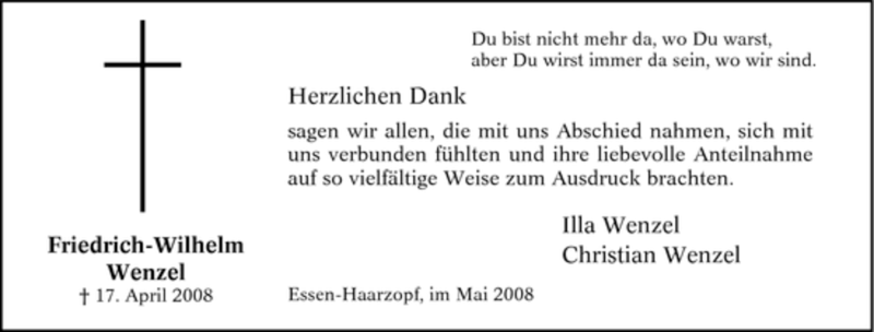 Traueranzeige für Friedrich-Wilhelm Wenzel vom 17.05.2008 aus Tageszeitung