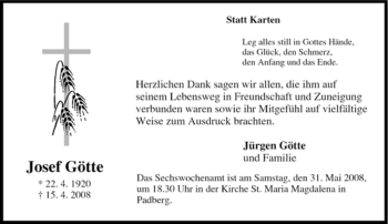 Traueranzeige von Josef Götte von Tageszeitung
