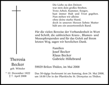 Traueranzeige von Theresia Becker von Tageszeitung