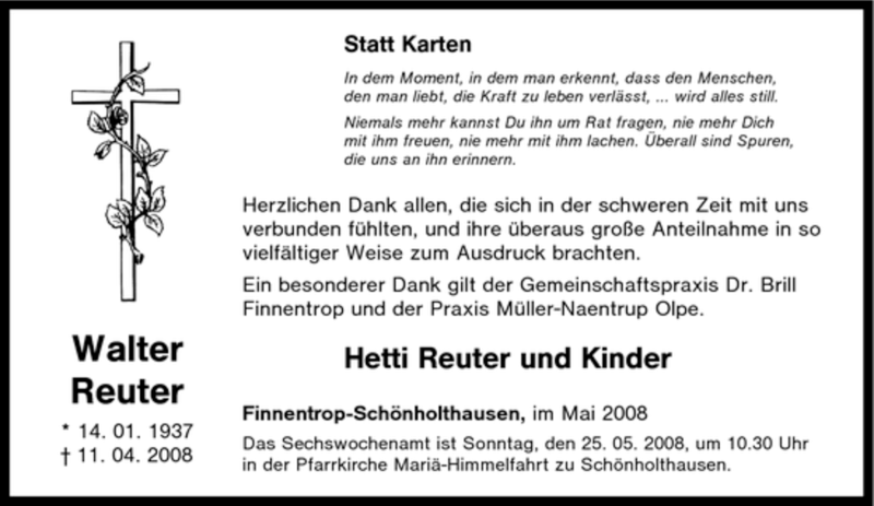  Traueranzeige für Walter Reuter vom 19.05.2008 aus Tageszeitung