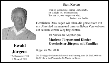 Traueranzeige von Ewald Jürgens von Tageszeitung