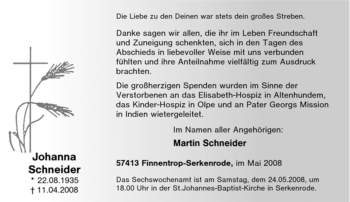 Traueranzeige von Johanna Schneider von Tageszeitung