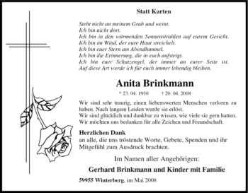 Traueranzeige von Anita Brinkmann von Tageszeitung