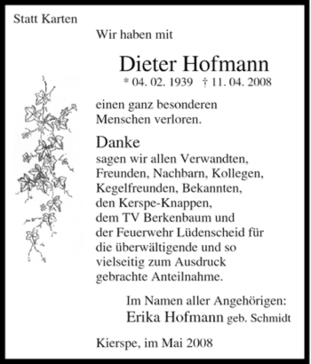 Traueranzeige von Dieter Hofmann von Tageszeitung