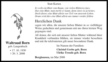 Traueranzeige von Waltraud Born von Tageszeitung
