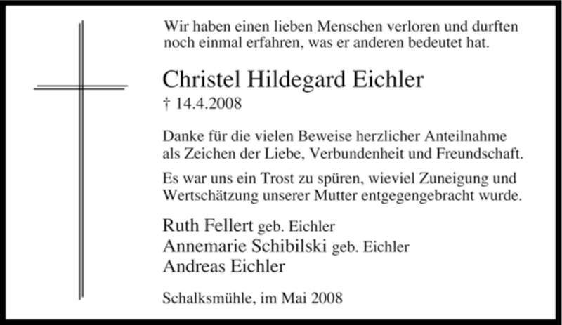 Traueranzeige für Christel Hildegard Eichler vom 22.05.2008 aus Tageszeitung