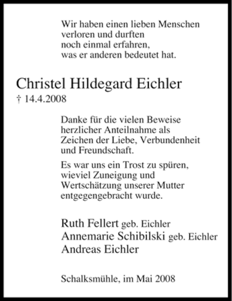  Traueranzeige für Christel Hildegard Eichler vom 22.05.2008 aus Tageszeitung