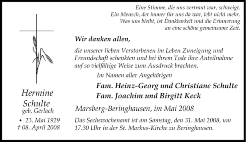  Traueranzeige für Hermine Schulte vom 24.05.2008 aus Tageszeitung