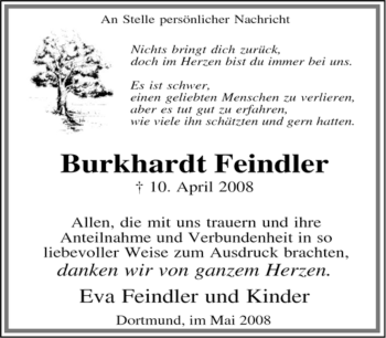 Traueranzeige von Burkhardt Feindler von Tageszeitung