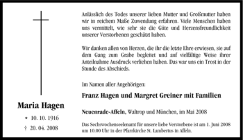 Traueranzeige von Maria Hagen von Tageszeitung