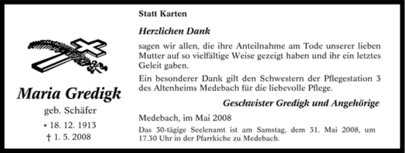  Traueranzeige für Maria Gredigk vom 24.05.2008 aus Tageszeitung