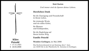 Traueranzeige von Kläre Petzold von Tageszeitung