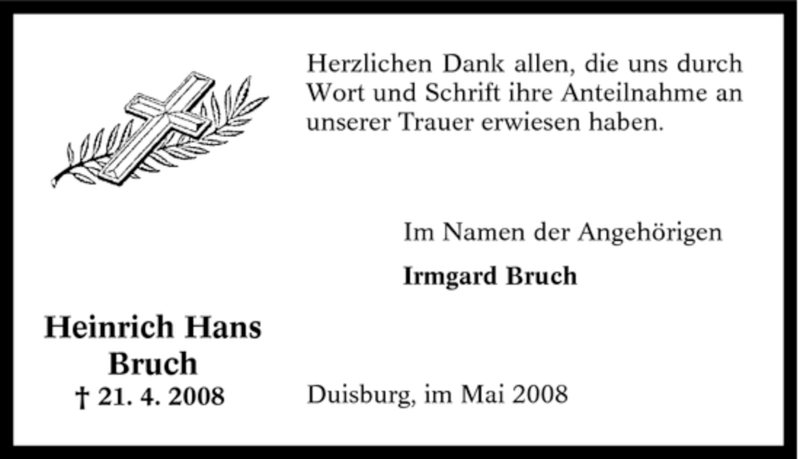  Traueranzeige für Heinrich Hans Bruch vom 24.05.2008 aus Tageszeitung