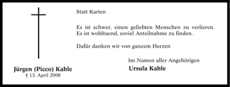 Traueranzeige für Jürgen Kahle vom 24.05.2008 aus Tageszeitung
