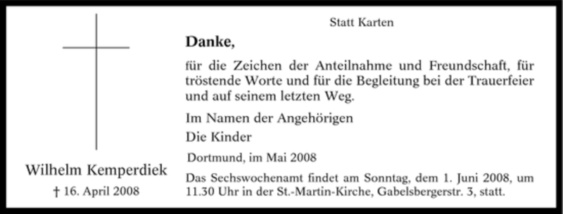  Traueranzeige für Wilhelm Kemperdiek vom 24.05.2008 aus Tageszeitung
