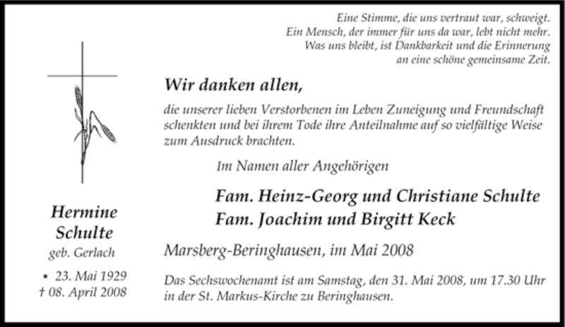  Traueranzeige für Hermine Schulte vom 24.05.2008 aus Tageszeitung