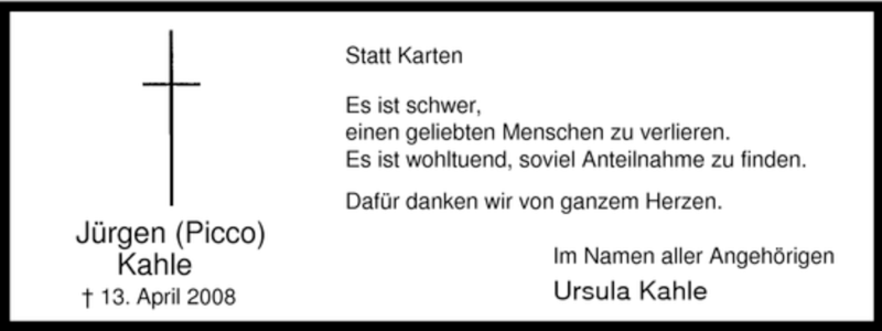  Traueranzeige für Jürgen Kahle vom 24.05.2008 aus Tageszeitung