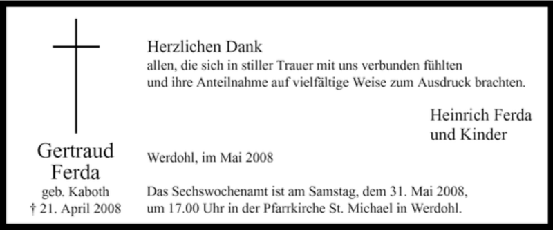  Traueranzeige für Gertraud Ferda vom 24.05.2008 aus Tageszeitung