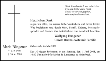 Traueranzeige von Maria Büngener von Tageszeitung