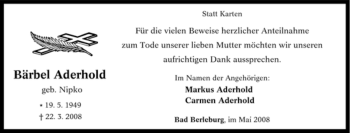 Traueranzeige von Bärbel Aderhold von Tageszeitung
