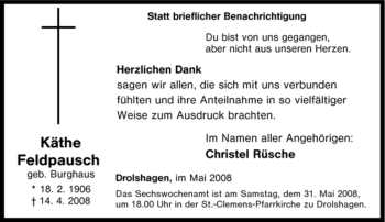 Traueranzeige von Käthe Feldpausch von Tageszeitung