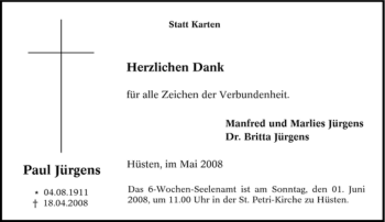 Traueranzeige von Paul Jürgens von Tageszeitung