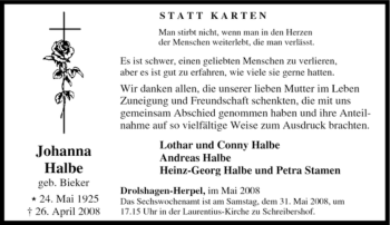 Traueranzeige von Johanna Halbe von Tageszeitung