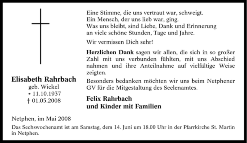  Traueranzeige für Elisabeth Rahrbach vom 27.05.2008 aus Tageszeitung