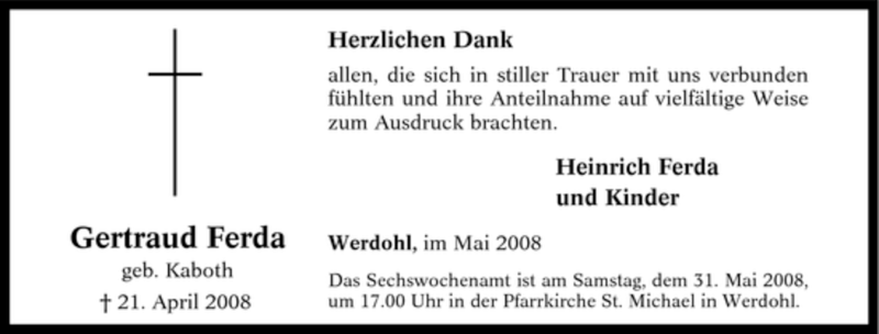  Traueranzeige für Gertraud Ferda vom 27.05.2008 aus Tageszeitung