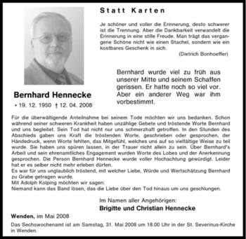 Traueranzeige von Bernhard Hennecke von Tageszeitung