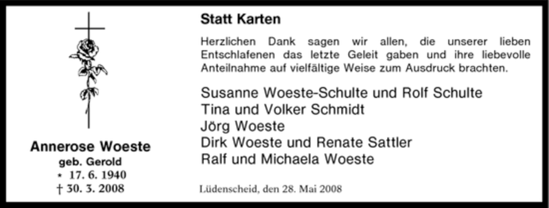  Traueranzeige für Annerose Woeste vom 28.05.2008 aus Tageszeitung