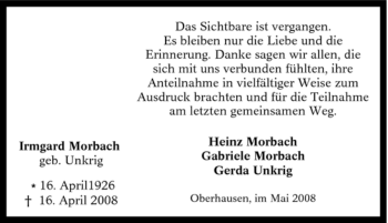 Traueranzeige von Irmgard Morbach von Tageszeitung