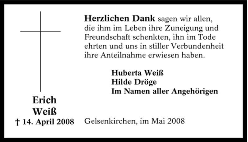 Traueranzeigen von Erich Weiß TrauerinNRW.de